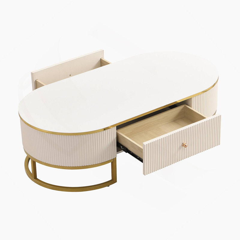 Table basse moderne ovale avec tiroirs, conception à profil incurvé, décor en métal doré, table centrale pour le salon
