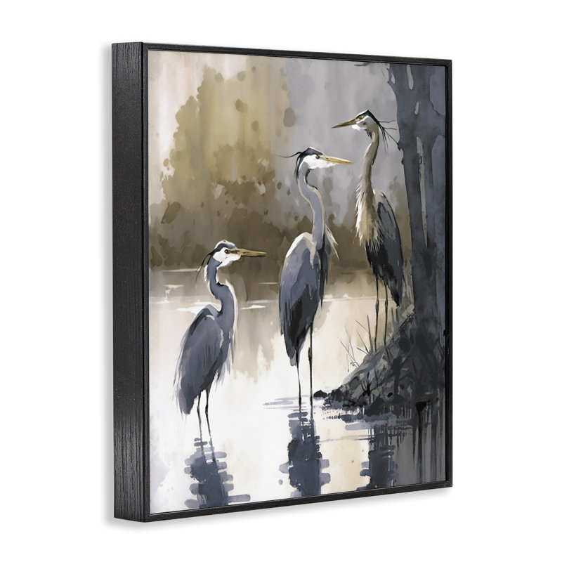 Az-183-Framed " Lake View Herons " by Ray Powers, 30" H x 24" W x 1.5" D, Midnight Black Framed Giclee