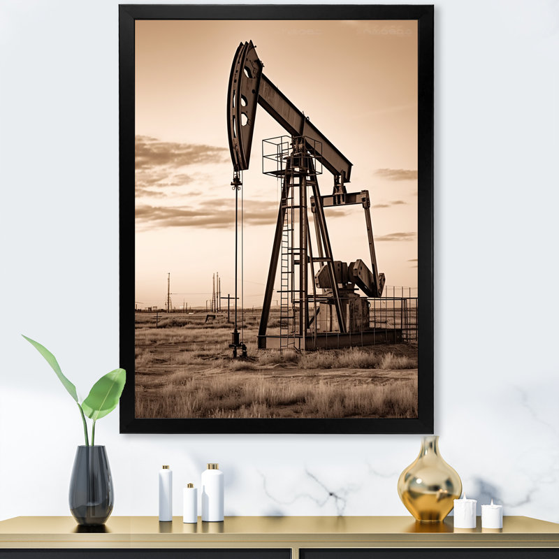 «Sepia Oil Drilling Rig Fields Horizon», reproduction sur toile, Cadre simple noir, H 20 po x l 12 po x P 1 po
