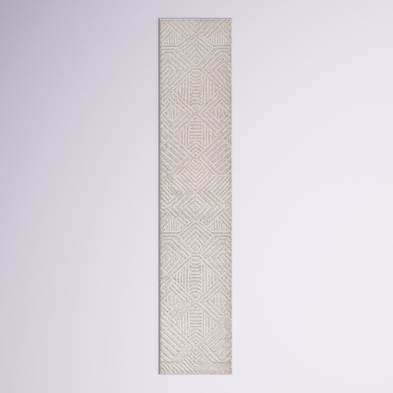 Raphael High-Low Pile Art Deco Geometric Beige Indoor/Outdoor Rug, Runner 2' x 10'