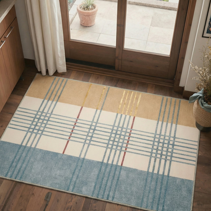 Vesper Modern Plaid Machine Washable Blue / Yellow / Beige Indoor Area Rug with Non-Slip Backing, Rectangle 5' x 7'