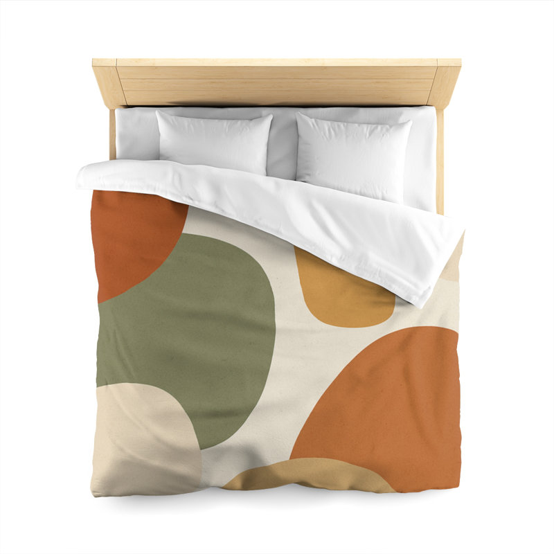 Microfiber Duvet Cover Boho Style, Design 13, Queen Duvet Cover, Natural/Green/Orange/White