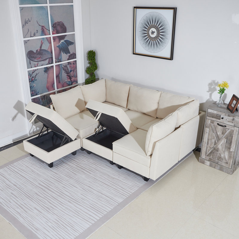 Canapé modulaire 7 places en tissu tissé avec rangement sous le siège, Mélange de polyester beige