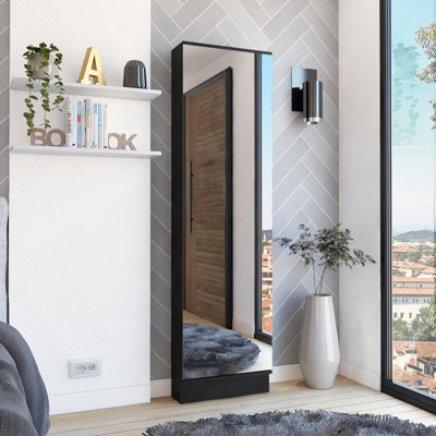 Range-chaussures, miroir, cinq tablettes intérieures, armoire à une porte - noir