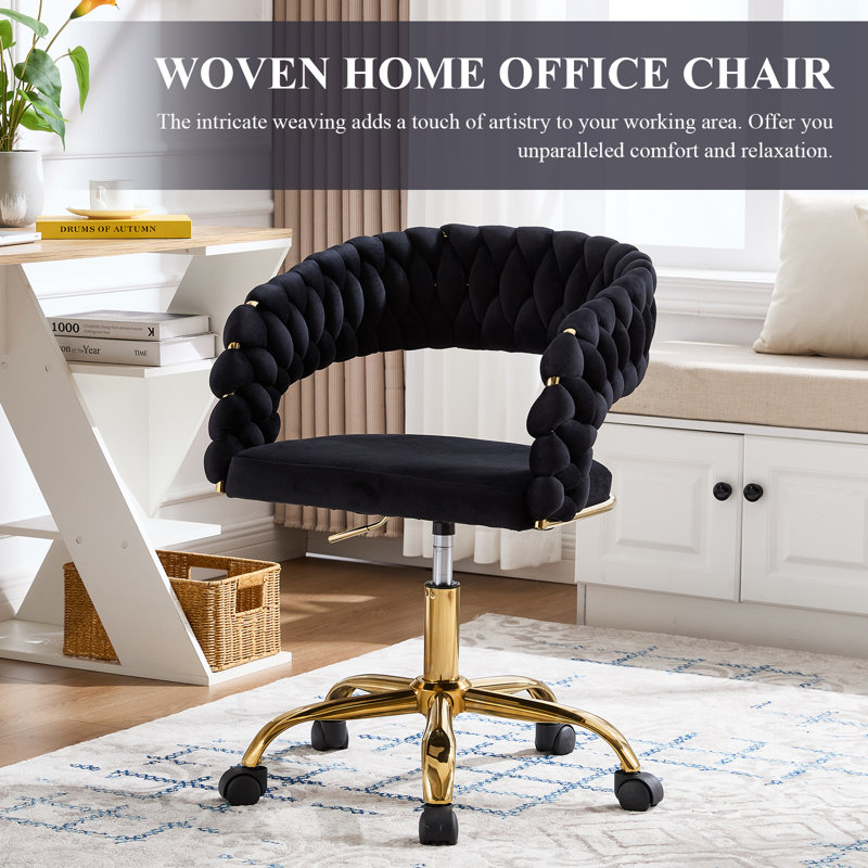 Woven Home Office Chair, Velvet Upholstered Desk Chair With Open Back, Height Adjustable Task Chair, Office Armchair With Wheels, Vanity Chair, Computer Chair For Office, Studio