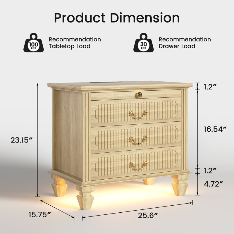 4-Drawer Solid Wood Nightstand With Charging Station, Human Sensor Light, Cable Management, Oak
