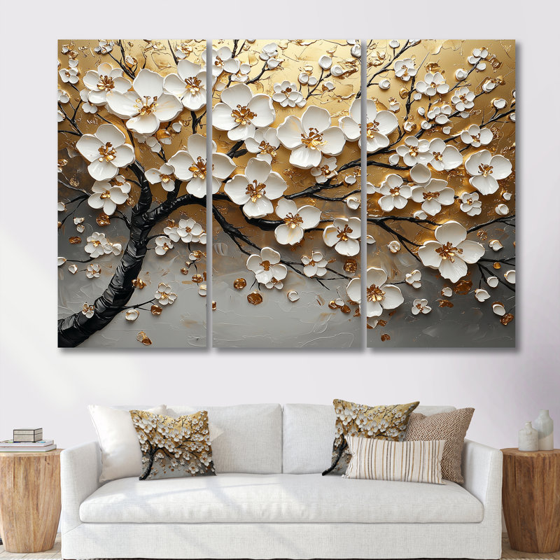 «Dreaming White and Gold Cherry Blossom Branch I», ensemble d'art mural cerisier en fleurs, Toile tendue