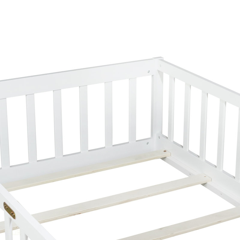 Lit simple au sol avec garde-corps de sécurité, idéal pour les chambres compactes et l'autonomie, blanc, Blanc