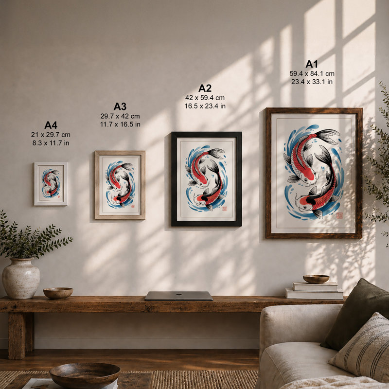 Koi Dance Japandi - Framed Print, Black, A4 - 29.7 x 21.0 cm