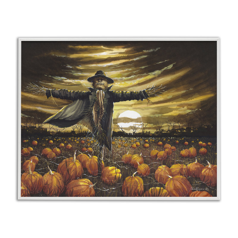 Scarecrow in Pumpkin Field Giclee Art by John Rossini, Coastal White Framed Giclee, 16" H x 20" W