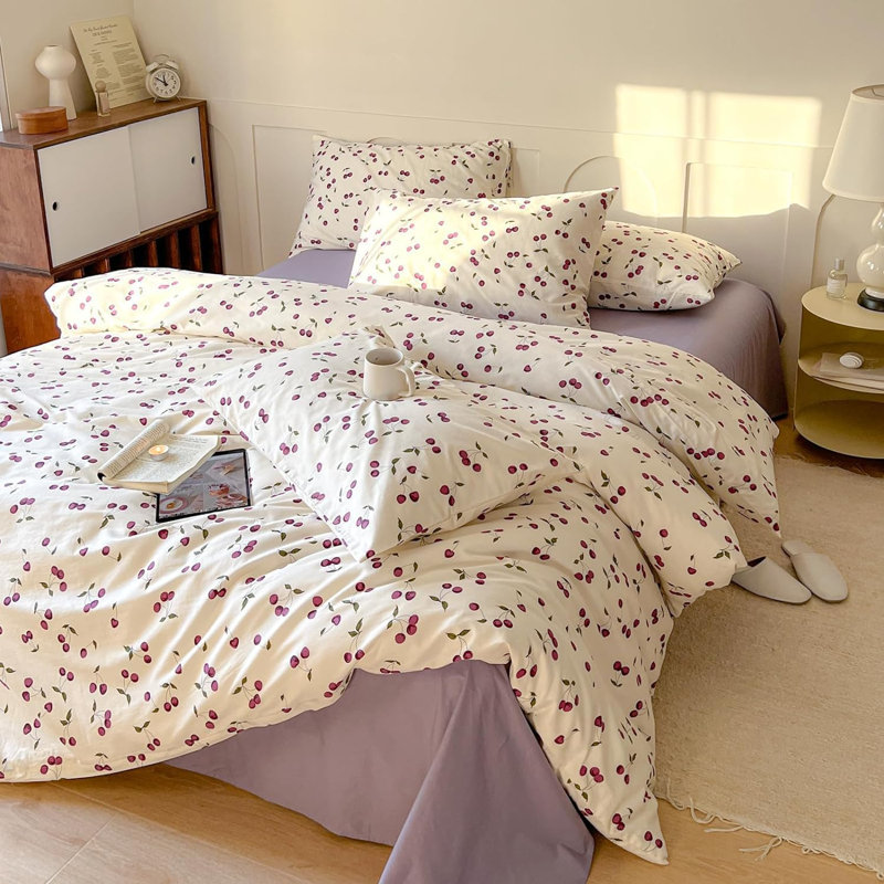 Housse de couette Bedding Violet White Cherry, Housse de couette grand et 2 taies d'oreiller stan