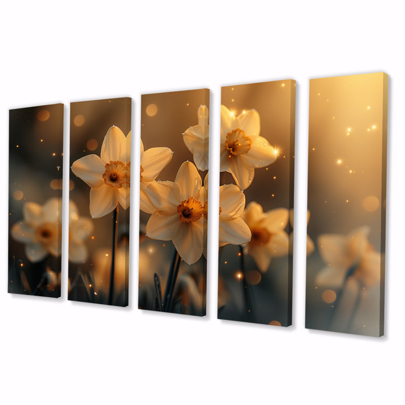 Beige, jaune, heure dorée, Glow Daffodils - Jonquilles, ensemble d'art sur toile, H 28 po x l 60 po