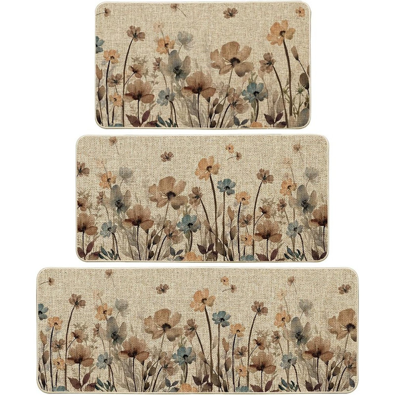 Kitchen Rugs - Brown , Poppy Floral Leaves, Spring Floor Mats, Set Of 3