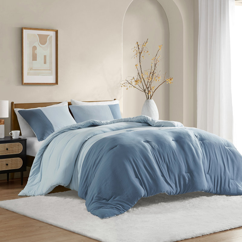 Miro Soft Washed Colour Block Comforter Set, Blue, Twin/Twin XL Comforter + 1 Standard Sham