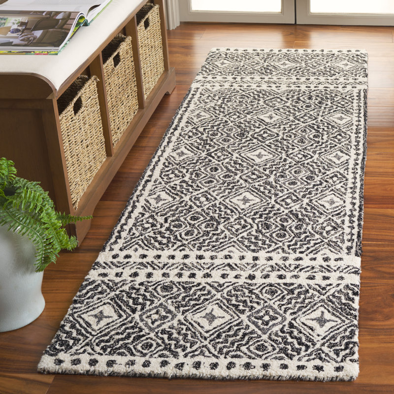 Masahiko Hand Tufted Wool/Cotton Geometric Rug in Ivory/Black, Runner 2'3" x 7'