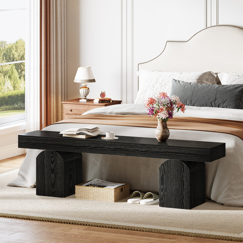 59" Long End Of Bed Bench, Modern Bedroom Bench With Arched Bases,, Black