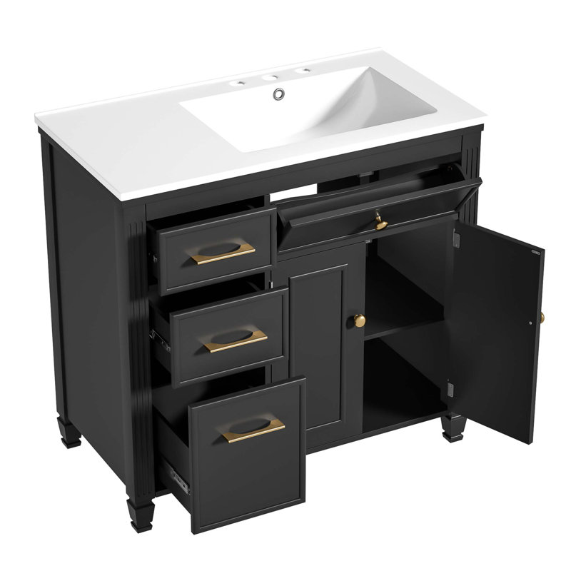 Meuble-lavabo 36 po avec lavabo, lavabo en céramique, tiroir coulissant, 3 tiroirs latéraux, tablette réglable, Noir