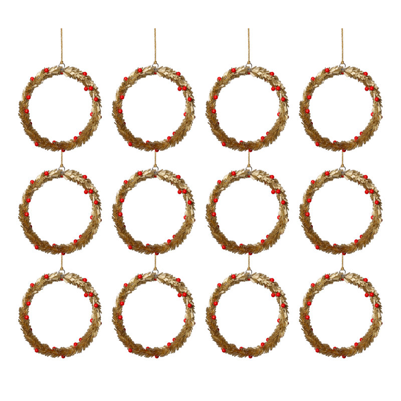 Ornements suspendus festifs en forme de couronne de Noël avec baies, ensemble de 12, Doré, H 6 po x l 6 po x P 0,75 po
