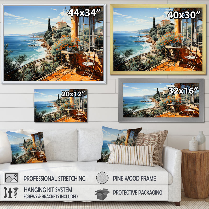 French Riviera Beach Reflections - Coastal Windows, art mural, Cadre flottant brun, H 16 po x l 32 po x P 1 po