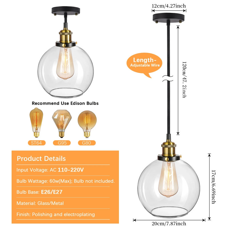 7.87"  1 - Light Single Pendant Light with Clear Glass Shade Fixtures Modern for Kitchen Island Hallway