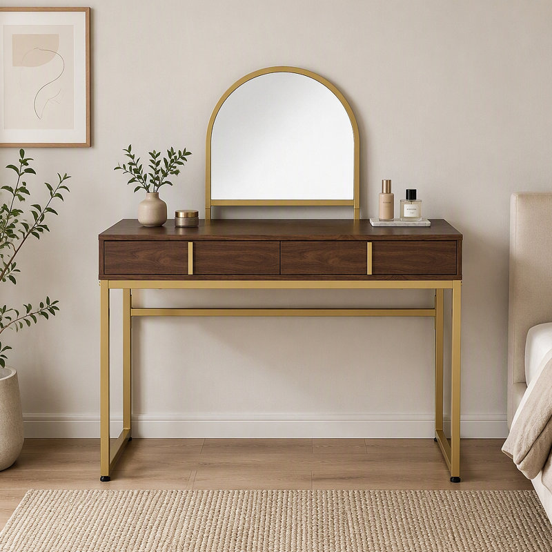 Bureau de coiffeuse 2 tiroirs avec miroir et plateau à bijoux
