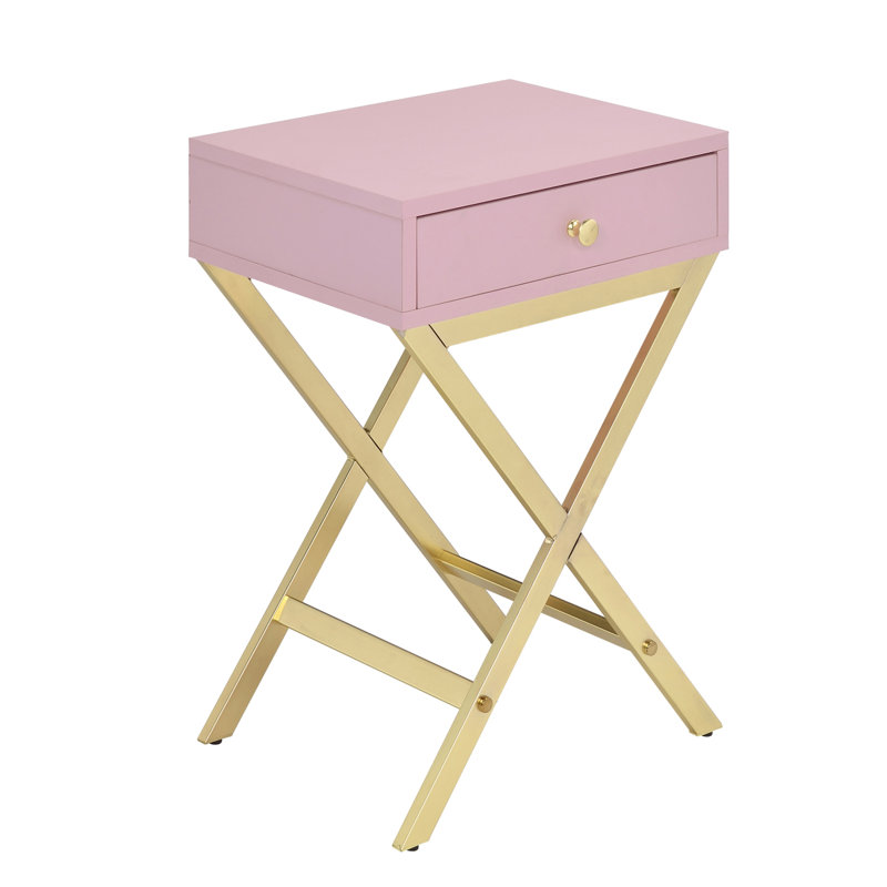 Table d'appoint rectangulaire rose et dorée à 1 tiroir