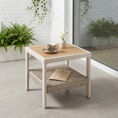 Petite table basse - table d'appoint d'extérieur avec structure en acier, table d'appoint de patio compacte, design moderne bohème pour jardin, balcon, porche, couleur os
