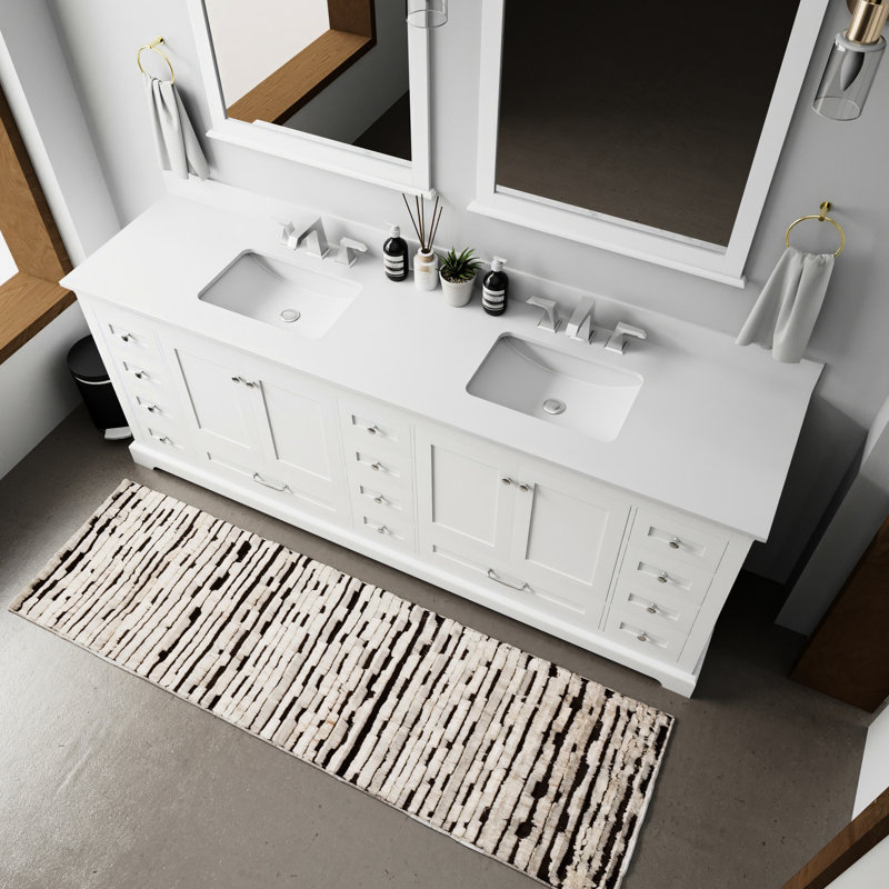 84 po Meuble-lavabo large blanc large X 22 - comptoir en quartz et construction en bois massif avec mécanisme de fermeture en douceur et surface de rangement généreuse avec 2 armoires et 14 tiroirs