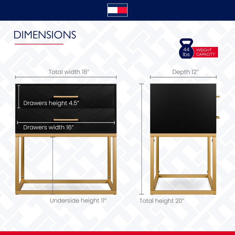 Table de chevet 2 tiroirs Ellias Modern avec finition noire semi-lustrée et base en métal doré