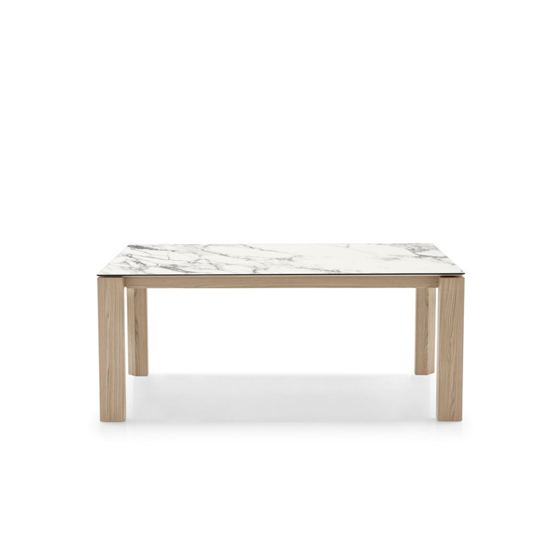 Omnia Extendable Table with Rectangular Top and Wooden Legs, Graphite Veneer, White Marble Ceramic