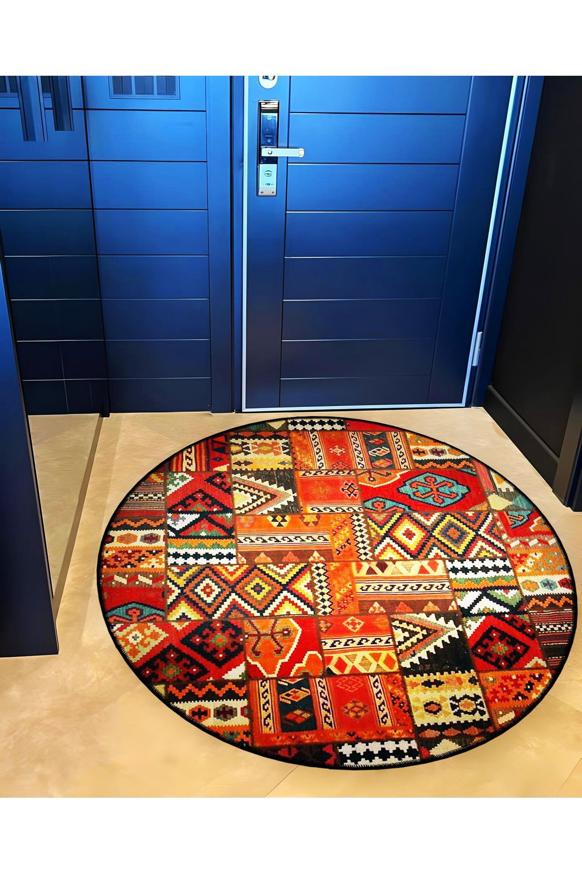 Matchbox Pattern Rug Dakota Fields Round Multicolor Patchwork Ethnic Pattern Woven Base ...