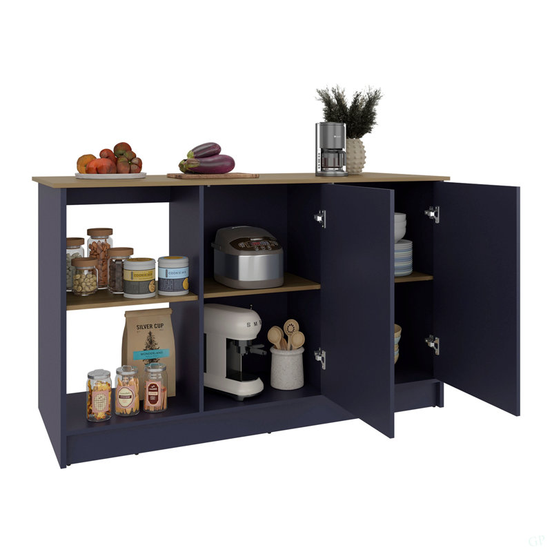 Îlot de cuisine Juniper avec grand comptoir de salle à manger, armoire à deux portes avec tablettes de rangement intérieures et deux tablettes ouvertes