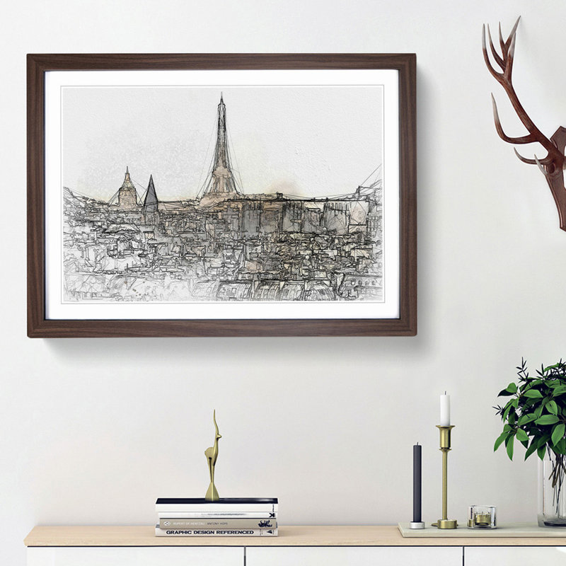 Misty Eiffel Tower in Paris France - Picture Frame Graphic Art Print, 48cm H x 65cm W x 2cm D, Walnut Framed