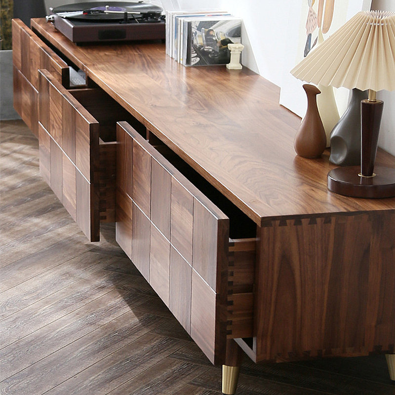 Modern Walnut TV Console with Geometric Design, 17.72"H x 88.58"L x 15.75"W
