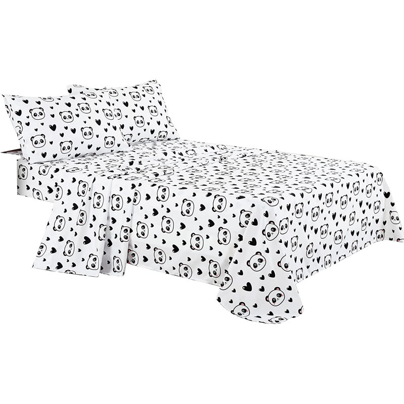Fun Kids Teens Microfiber Sheet Set, Full Sheet Set with 2 Pillowcases, White Panda