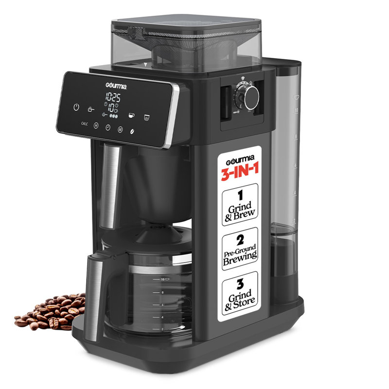 Cafetière Gourmia de 10 tasses, moulin à café, moulin à café, programmable, arrêt automatique, noir
