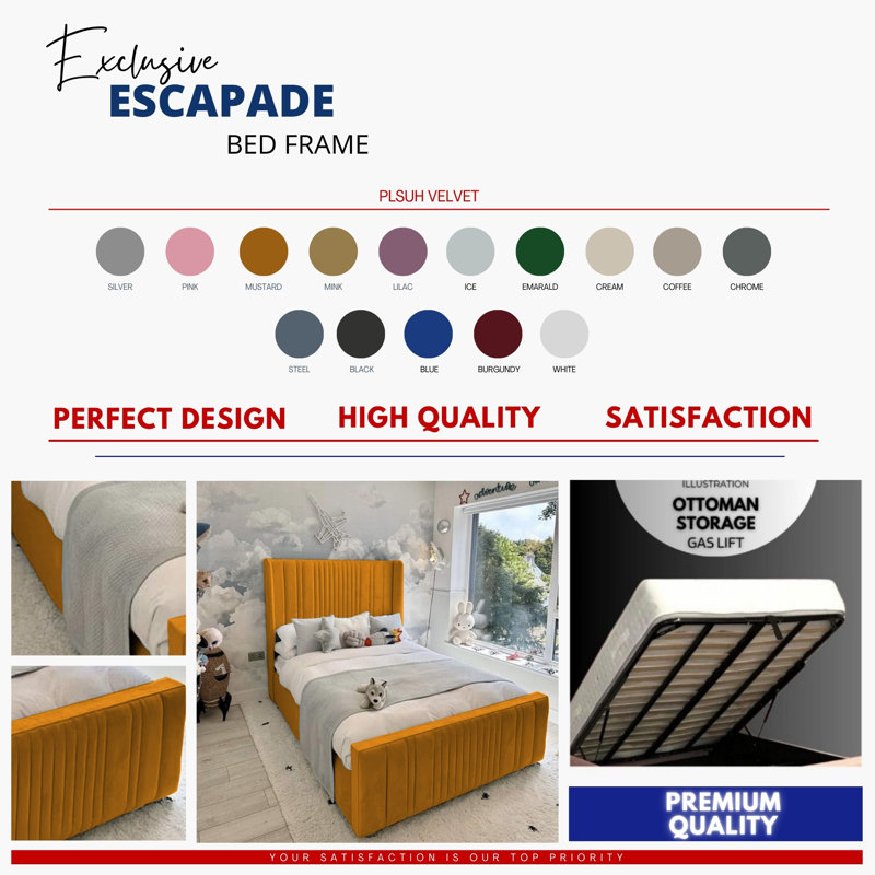 Ezzell Upholstered Bed - Wingback Ottoman Storage with Plush Velvet Gas Lift, Mustard