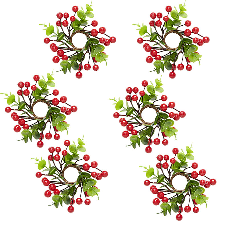 Anneau de bougie pilier avec baies rouges de Noël et feuilles d'eucalyptus artificielles de diamètre intérieur, 6