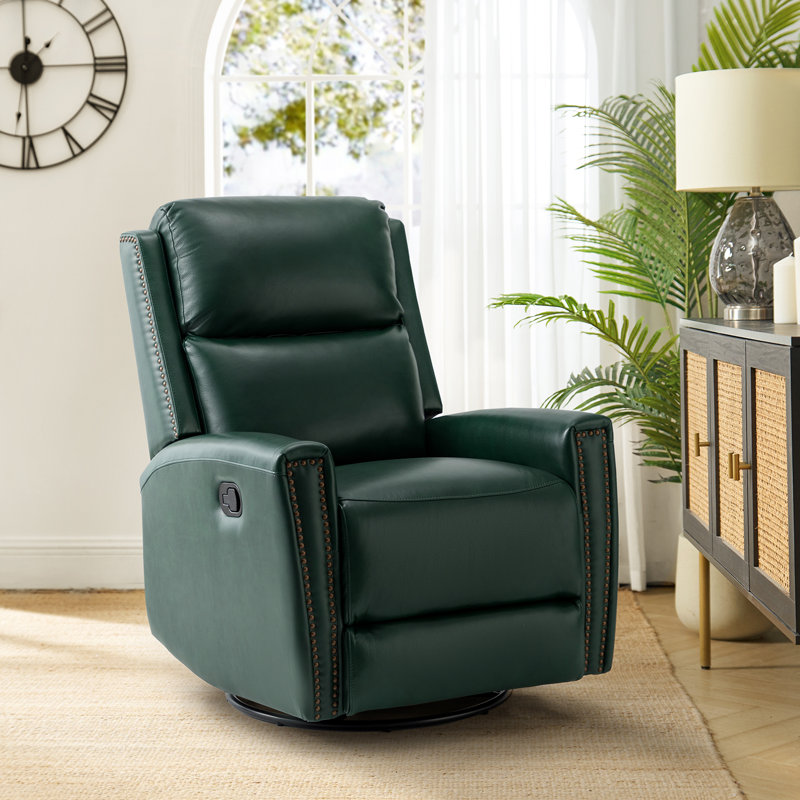 Chikako Genuine Leather Swivel Rocker Manual Recliner, Green Genuine Leather