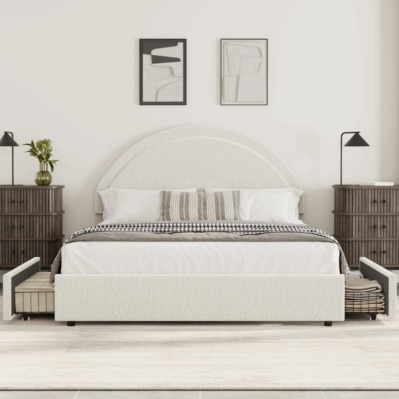 Base de lit tapissier avec 2 tiroirs de rangement Modern - Boucle Modern, Blanc, Lit double