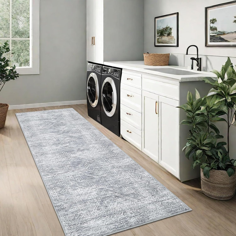 Washable Runner Rug 2X8 Runner Vintage Non Slip Kitchen Runner Distressed Low Pile Entryway Rug Soft Bathroom Rugs Stain Resistant Carpet For Bedroom Hallway Laundry 2'X8' Grey