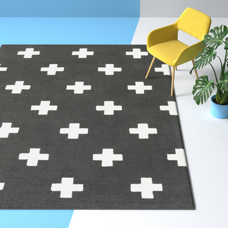 Tapis noir en laine touffeté à la main à motif géométrique Cavan, Rectangle 5 pi x 7 pi 6 po