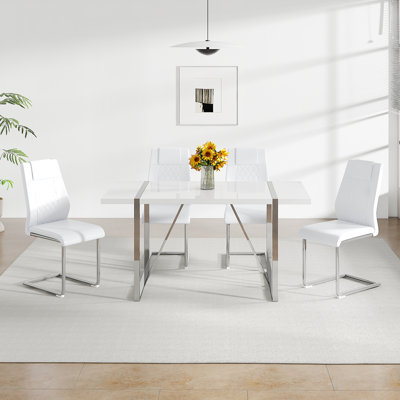 55" Dining Table Set, Wood Kitchen Table And Chairs Featuring A Thick Lacquered MDF Top, Sturdy Metal Frame, And Faux Leather Chairs