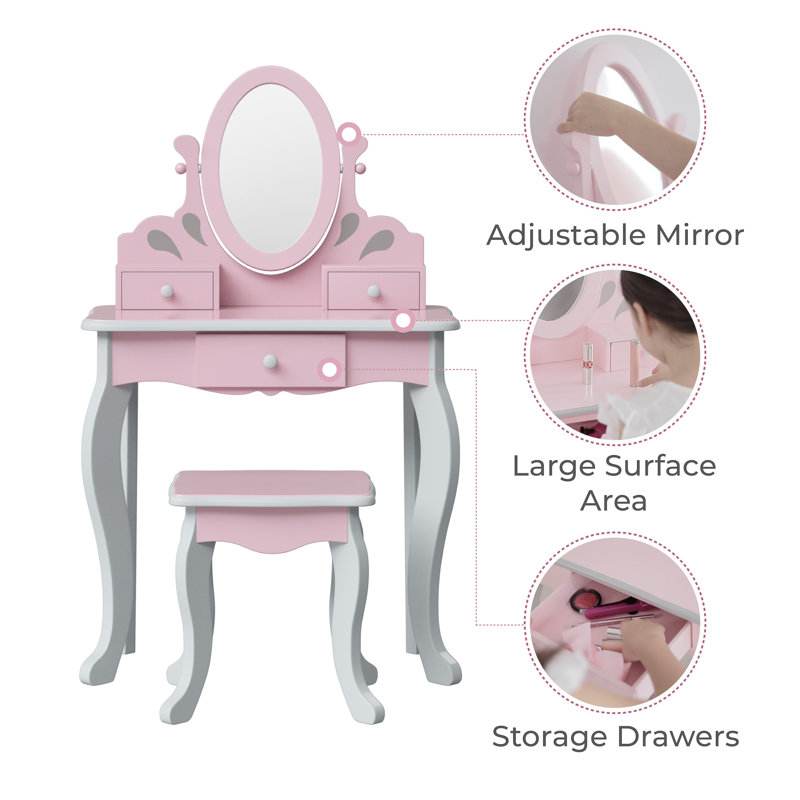 Teamson Kids Rapunzel Wooden Vanity Table with Mirror and Stool for Kids Bedroom Playroom, Pink
