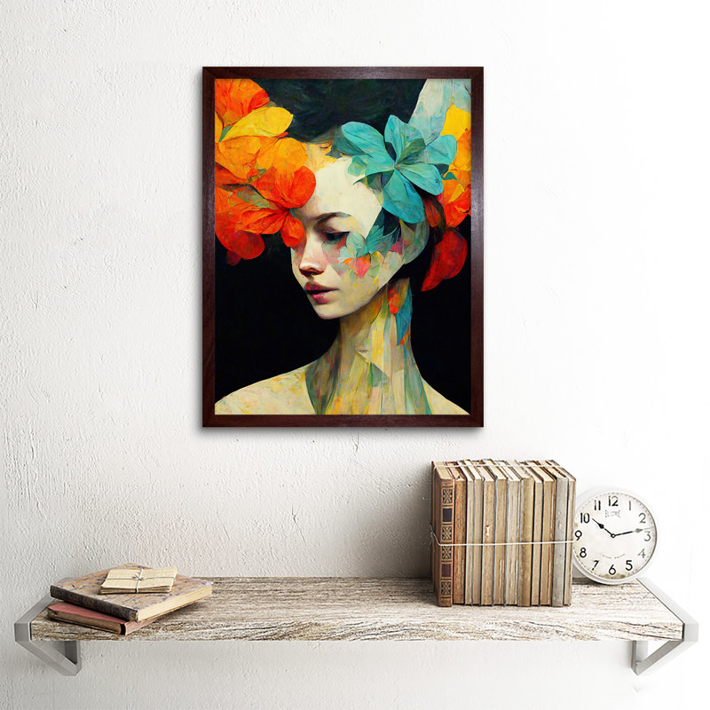 Floral Feminine Portrait Abstract Style - Print, Brown Framed Paper, 43cm H x 33cm W