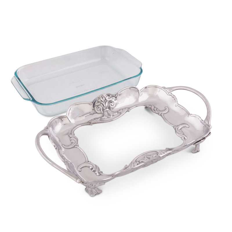Arthur Court 17" Silver Aluminum Pyrex Holder with Fleur-De-Lis Design