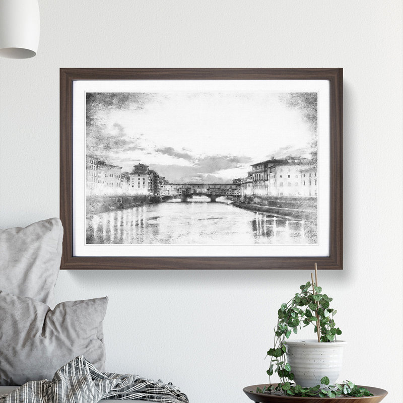 Ponte Vecchio Bridge In Florence Italy - Single Picture Frame Painting on MDF, 45cm H x 63cm W x 2cm D, Walnut Framed