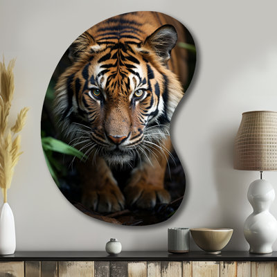 «Beige Black Tiger Portrait II», art mural en métal tigre asymétrique, sculpture murale en métal de forme unique