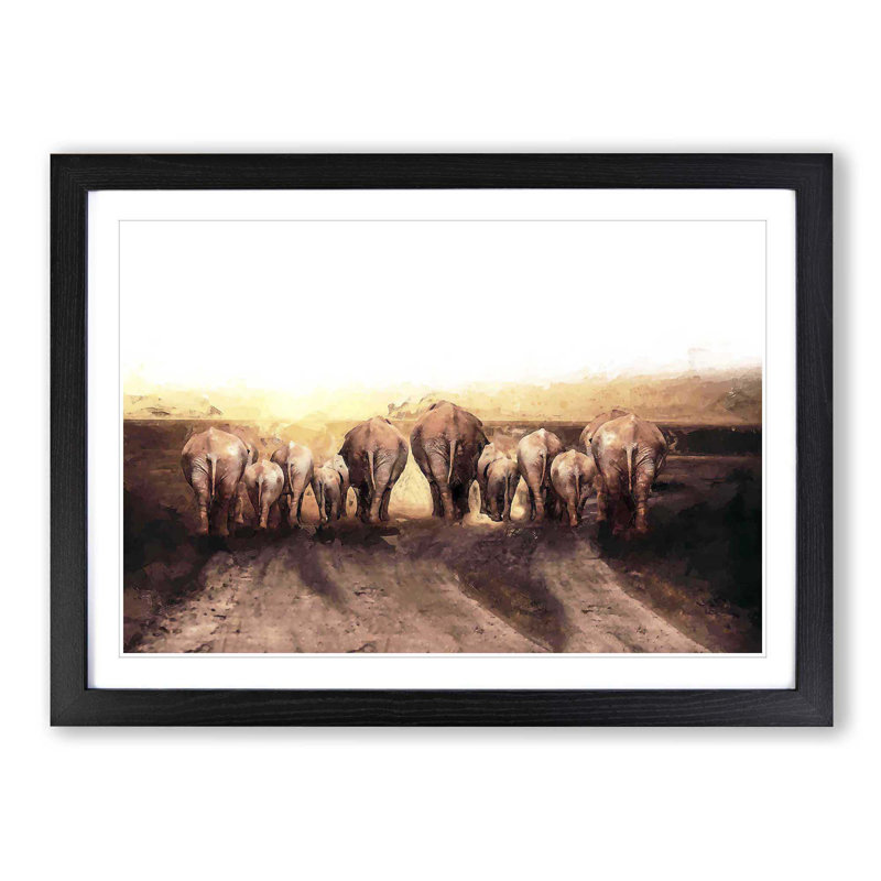 Herd of Elephants on a Dusty Road in Abstract - Picture Frame Painting Print, Black Framed, 48cm H x 65cm W x 2cm D