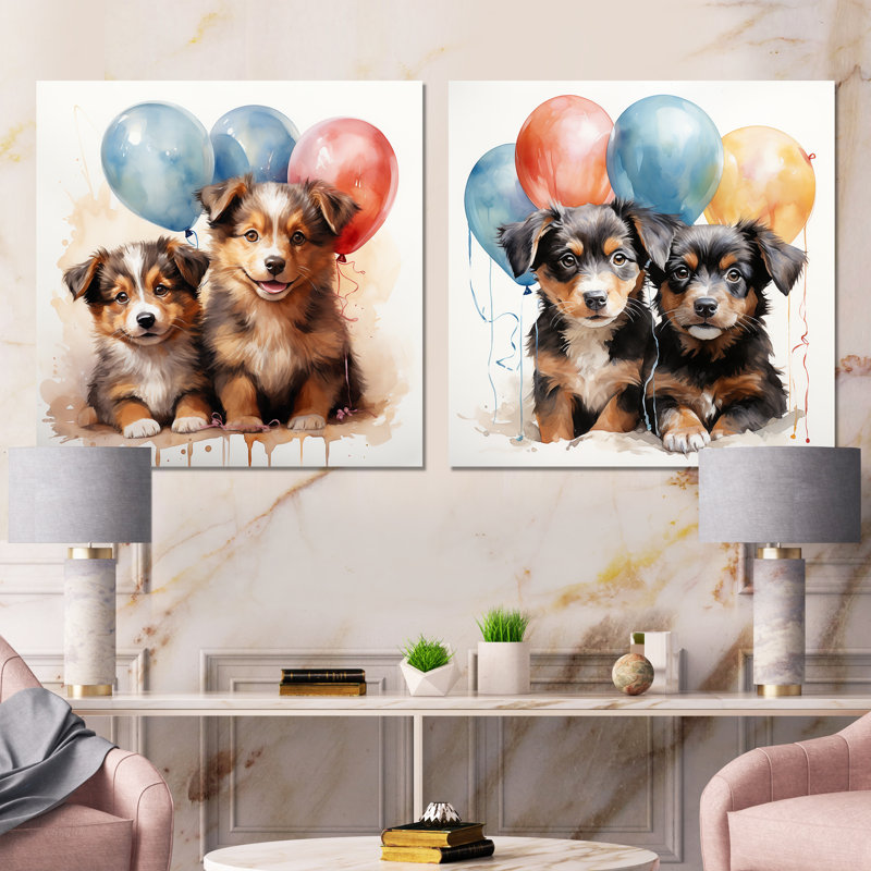 Puppies Parade Balloon Adventure I - Ensemble de 2 décorations murales pour chambre de bébé, Toile tendue